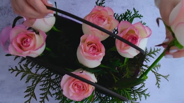 Woman Florist Making Flowers Bouquet Flowers Arrangement Box Created Florist — Stock Video