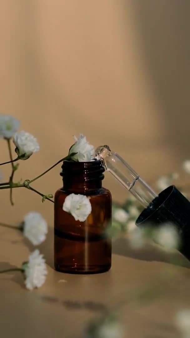 一小瓶中性米色背景的血清精油 流行的阴影 垂直录像美丽的琵琶与吉普瑞拉或婴儿呼吸着白花美丽的白花 — 图库视频影像