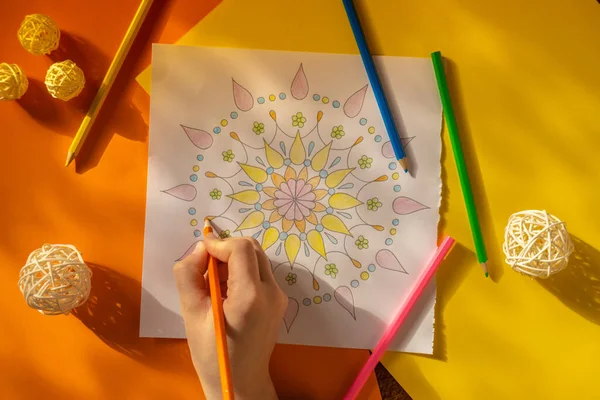 Woman Coloring Antistress Page Female Hand Painting Mandala Female Painting — Stok fotoğraf