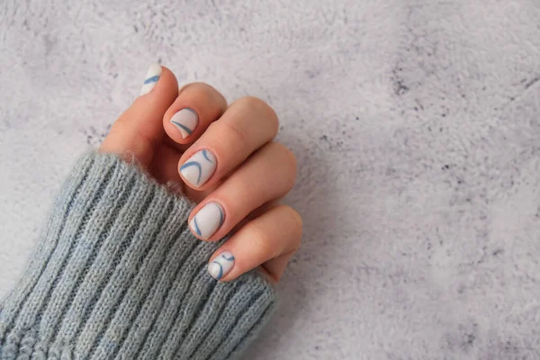 Stylish Blue Female Nails Modern Trendy Stylish Beautiful Manicure Autumn — Stock Photo, Image