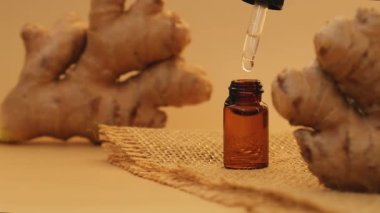 Esaslı zencefil yağı damlayan cam pipet, bej arka planda zencefil kökü. Sağlıklı alternatif yaşam. Zingiber officinale Earth ses tonları Aromaterapi, spa ve bitkisel ilaç malzemeleri. & Aç