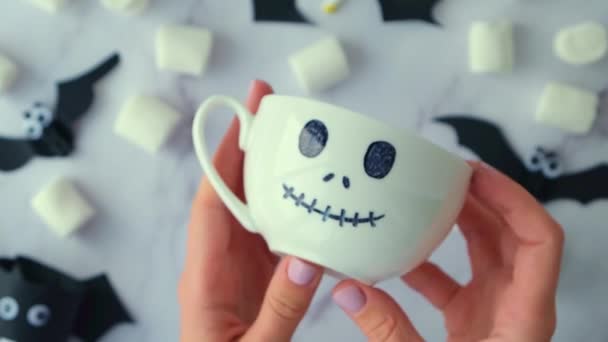 Female Hands Paint White Cup Scary Jacks Face Diy Kids — Vídeo de Stock