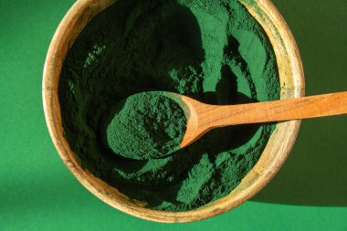 Blue-green algae Chlorella and spirulina powder in bamboo eco bowl, dietary supplement for Vegan, Vegetarian or Plant based diet multivitamins B12, Super powder in spoon. Food supplement source of