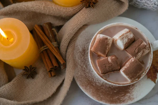 Празднование Осенних Праздников Уютном Доме Чашкой Горячего Шоколадного Зефира Какао — стоковое фото