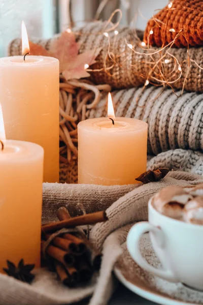 Celebrating Autumn Holidays Cozy Home Cup Hot Chocolate Marshmallows Cacao — Photo