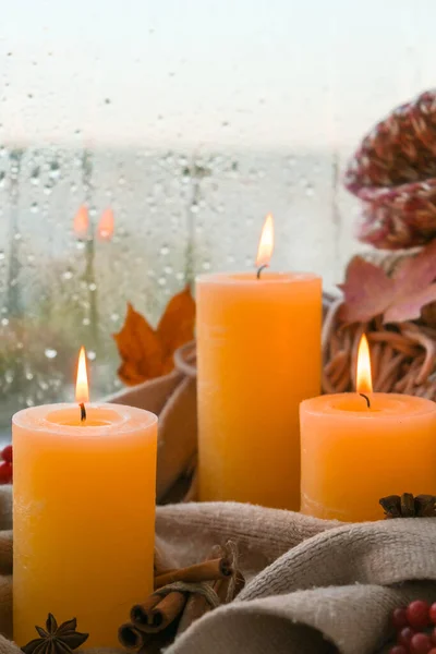 Hello Fall Celebrating Autumn Holidays Cozy Home Windowsill Hygge Atmosphere — Stock Photo, Image