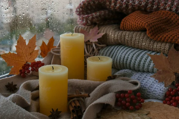 Blown Candle Smoke Hello Fall Celebrating Autumn Holidays Cozy Home — Stock Photo, Image
