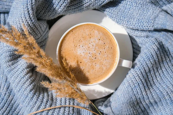 Pampas grass and white cup with coffee on blue sweater. Drinking Cappuccino in the breakfast morning at home. Flat lay. Wallpaper. Aesthetics. Autumn morning concept Cozy home