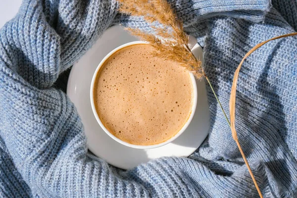 Pampas grass and white cup with coffee on blue sweater. Drinking Cappuccino in the breakfast morning at home. Flat lay. Wallpaper. Aesthetics. Autumn morning concept Cozy home