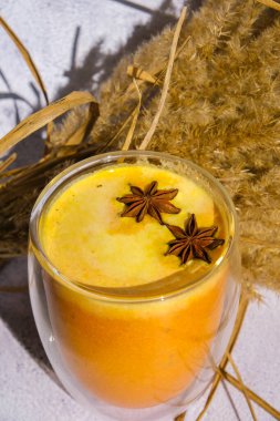 Balkabaklı, baharatlı latte. Anason yıldızları. Baharatlı balkabağı aromalı sonbahar kahvesi mevsimlik sıcak içecek. Cadılar Bayramı ve Şükran Günü için sonbahar içkileri. Vejetaryen sağlıklı diyet yemekleri