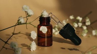Tarafsız bej arka planda küçük bir şişe serum yağı. Moda gölgeleri. Çingene ya da bebek nefesli güzel pipette damlası. Beyaz çiçekler. Güzel beyaz çiçek. Doğal tıp, burun.