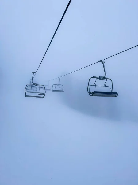 Ski Lift Snowy Mountain Winter Forest Chair Lift Ski Resort — стокове фото