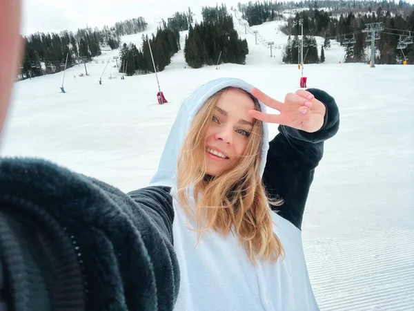 Happy Young Woman Skier Taking Selfie Hiking Mountains Girl Smiling — стоковое фото