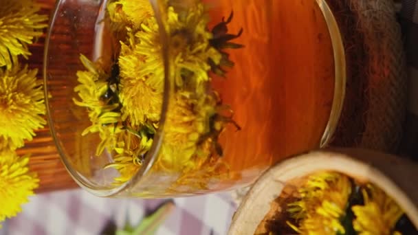 Dandelion Flower Healthy Tea Glass Teapot Glass Cup Table Delicious — стоковое видео