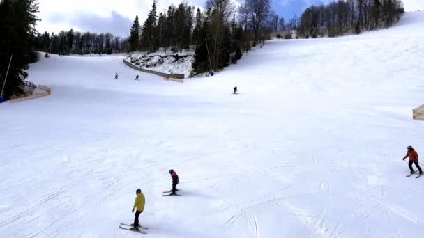 Skiers Skiing Downhill Winter Resort Mountains Aerial Top View Ski — Stock Video