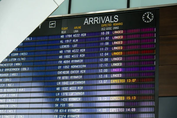 Gdansk Polonya - Mayıs 2022. Uçuş bilgi panosu, uçuşları kontrol ediyorum. Uluslararası havaalanı terminali uçuş tarifesindeki turistler. Seyahat konsepti Havalimanı Sekmesi uçuşların ertelendiğini ve iptal edildiğini gösterir