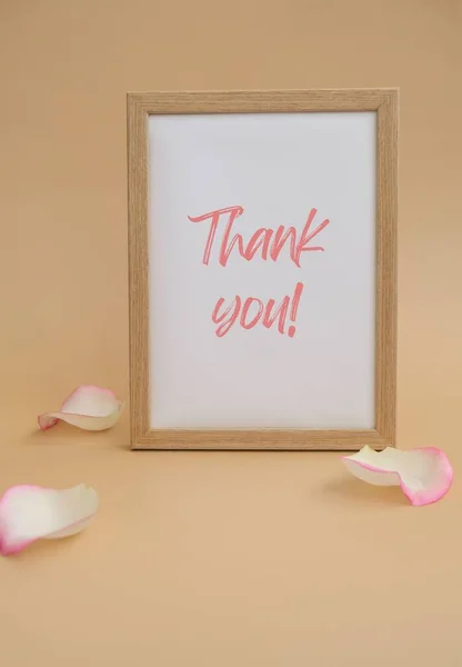 Wooden Frame Text Thank You Paper Blank Delicate Pink Rose — ストック写真