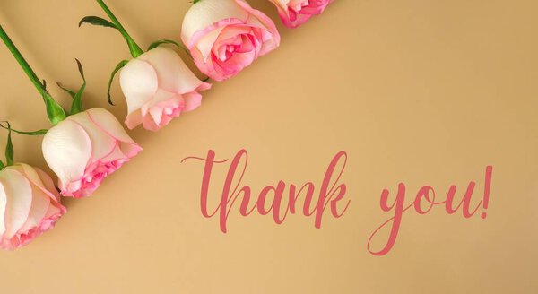 THANK YOU text greeting card holiday background Delicate pink roses on beige background. Minimal trendy composition. Romantic pastel pink rose flowers. Modern aesthetic. Neutral earth tones
