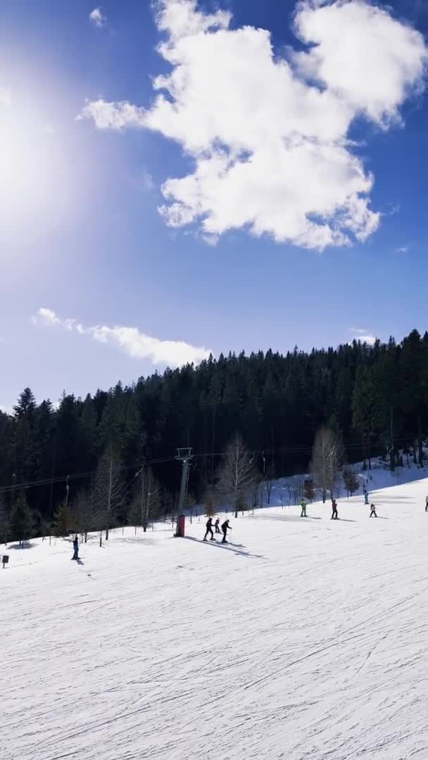 Vertical Footage Skiers Skiing Downhill Winter Resort Mountains Aerial Top — Vídeo de Stock