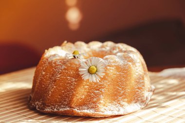 Kek papatya çiçeğiyle süslenmiş, kır tarzında. Otantik fotoğraf. Paskalya konsepti tebrik kartı geçmişi. Güneş ışınları ev yapımı fırın konsepti. Yaz, bahar zamanı tarifi. Anneler Günü, Doğum Günü