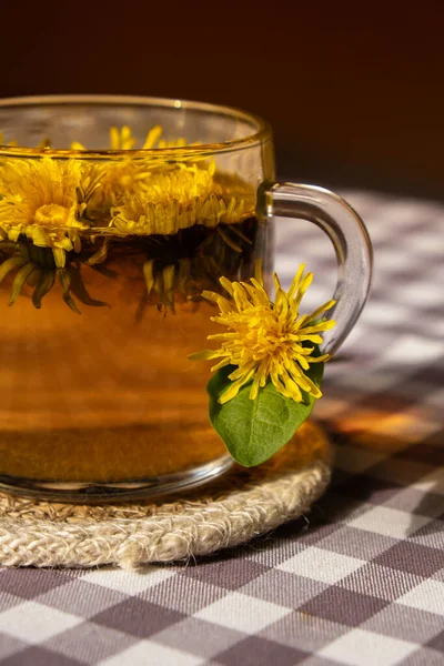 Dandelion Flower Healthy Tea Glass Cup Table Herbal Medicine Delicious — Photo
