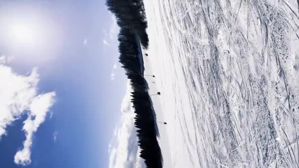 Skidåkning Nedförsbacke Vintern Resort Berg Flygfoto Över Skidområdet Skidåkare Och — Stockvideo