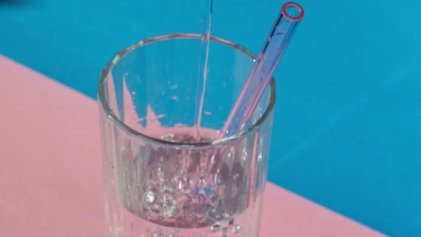 Reusable Glass Straws Glass Water Blue Background Eco Friendly Drinking — Stok video