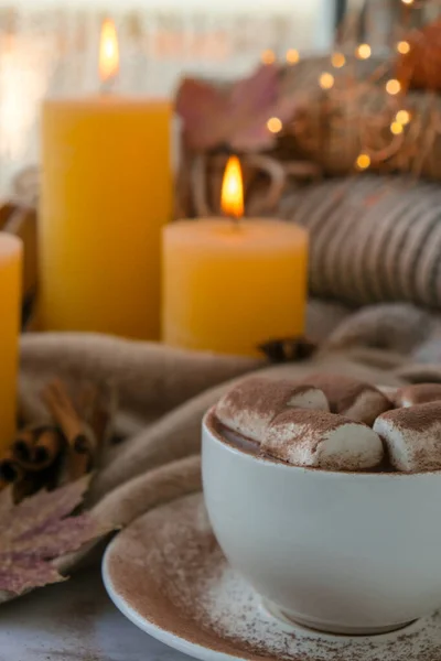 Celebrating Autumn Holidays Cozy Home Cup Hot Chocolate Marshmallows Cacao — стоковое фото