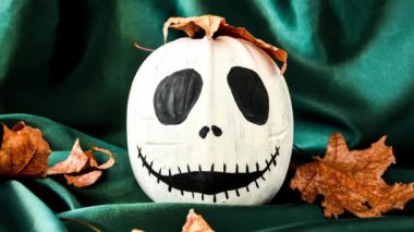 4k zoom in out Halloween background with painted face pumpkins and autumn leaves. Diy. Do it yourself. Halloween decorations, black and white pumpkins, bats, ghosts. Halloween party greeting card