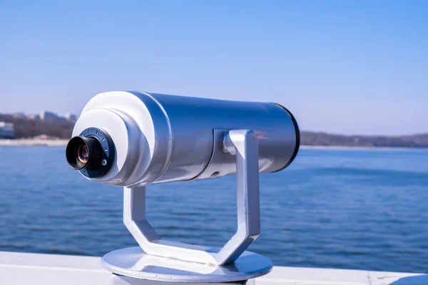 Tourist Binoculars Binocular Telescope Observation Deck Tourism Sea Background Binoculars — Zdjęcie stockowe