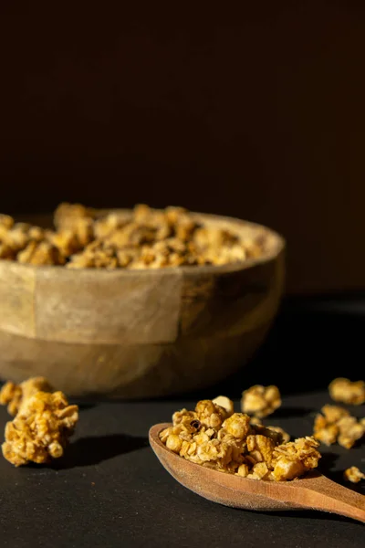 Homemade Granola Nuts Seeds Eco Tableware Wooden Bowl Healthy Snack — Fotografie, imagine de stoc