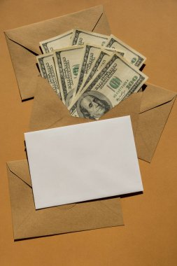 Bej arka plan fotokopi alanında para biriktirmek için dolar banknotu. Tüketim ve ekonomi para topluyor. Bahşiş. İş, finans, tasarruf, bankacılık ve insan konsepti. Ekstra para, pasif