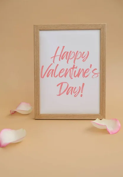 Wooden Frame Text Happy Valentines Day Paper Blank Delicate Pink — Stock Photo, Image