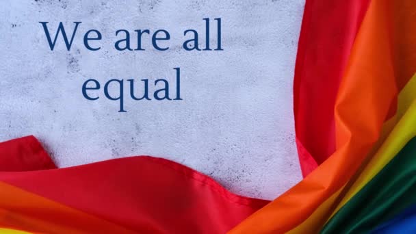Ampliar Alejar Bandera Arco Iris Con Texto Somos Todos Igualdad — Vídeo de stock