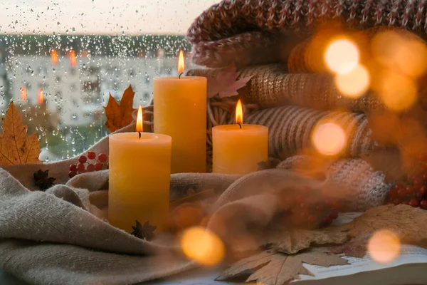 Merhaba Güz Kış Tatilini Pencerenin Kenarındaki Evde Kutluyoruz Şükran Günü — Stok fotoğraf