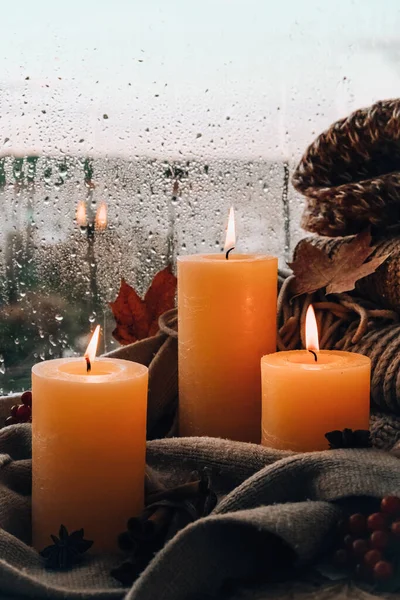 Hello Fall Celebrating Autumn Holidays Cozy Home Windowsill Hygge Atmosphere — Stock Photo, Image