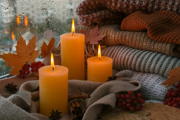 Hello Fall Celebrating Autumn Holidays Cozy Home Windowsill Hygge Atmosphere — Stock Photo, Image