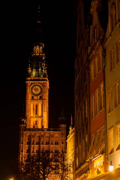 Kilátás Dlugi Targ Dluga Street Óvárosban Éjszaka Városháza Éjjel Gdansk — Stock Fotó