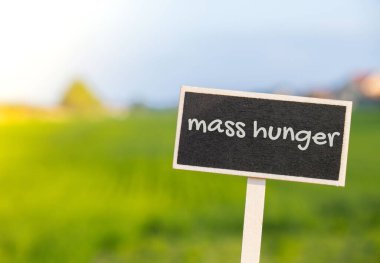 Tahta bilgi etiketi imzası. Tarımdan çıkarılmış mesajlara karşı MASS HUNGER yazılı. Küresel açlık, enflasyon, yüksek fiyatlar, buğday krizi yaşam giderlerini ve yoksulluğu artıran mali kriz
