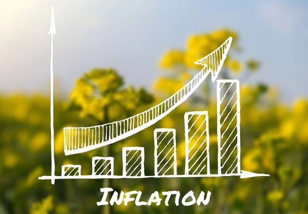 Testo Inflazione Con Grafico Contro Messaggio Campo Agricolo Sfocato Fame — Foto Stock