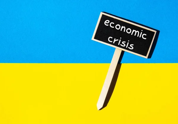 Wooden Information Label Sign Text Economic Crisis Ukrainian National Flag — Stock Fotó