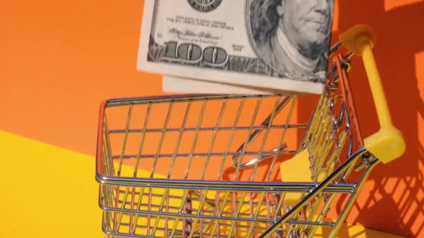 Рука Добавить 100 Долларов Банкноты Деньги Игрушечный Супермаркет Тележки Корзине — стоковое видео