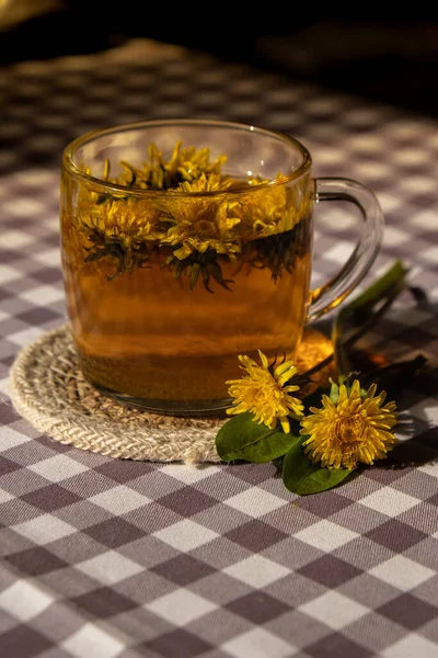 Dandelion Flower Healthy Tea Glass Cup Table Herbal Medicine Delicious — Photo