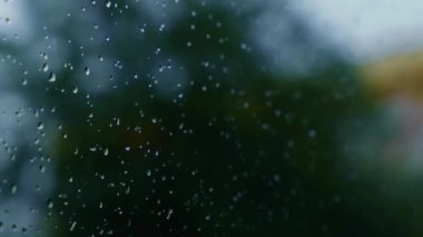 Bardaktan aşağı akan su damlaları sağanak yağmur, yazın gök gürültülü fırtına. Arka planda yeşil ağaçlar. Rüzgarlı yağmurlu hava, Bokeh ile yakın çekim. Mevsim tropikal yağmur ormanları Karanlık akşam