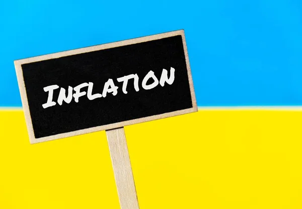 Wooden Information Label Sign Text Inflation Ukrainian National Flag Message — Foto Stock