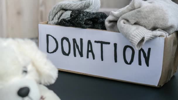 Zoom Out Donation Box Old Used Toys Clothes Indoors Happy — 비디오