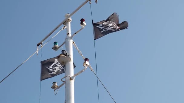 Jolly Roger Πειρατικό Πλοίο Σημαία Κυματίζει Κοντάρι Σημαία Και Μπλε — Αρχείο Βίντεο