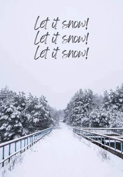 Let it snow Inspiration joke quote phrase Winter holiday landscape forest Dramatic view of snow-capped spruces on frosty day. Happy New Year and merry christmas greeting card Vertical