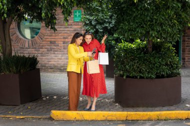 İki kadın, alışveriş çantalarını sokakta taşıyarak taksi ya da uygulama taşıma hizmeti istemek için cep telefonu kullanıyor.