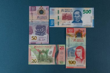 Yeni Meksika pezo faturaları mavi bir arkaplan üzerinde düzenlenmiş metin için boşluk ile